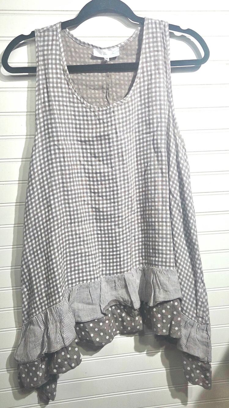 La Belle Helene Italy 100% Linen Tank Top Gingham Polka Dot Layered Ruffle 48 L